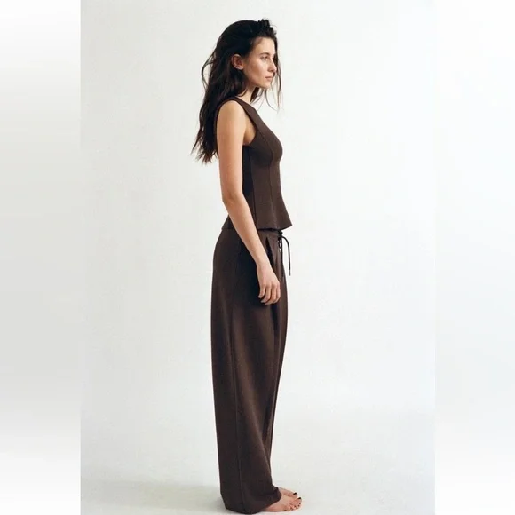 Zara Interlock Peplum Top & Pants Set Dark Brown Size Medium NWT - Picture 9 of 10